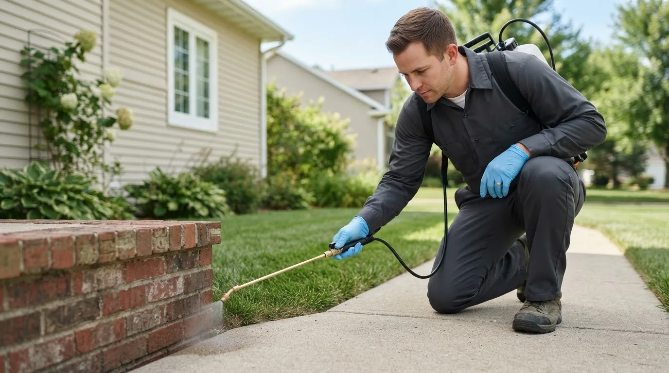 Pest control technician treating a home near Fresno, OH