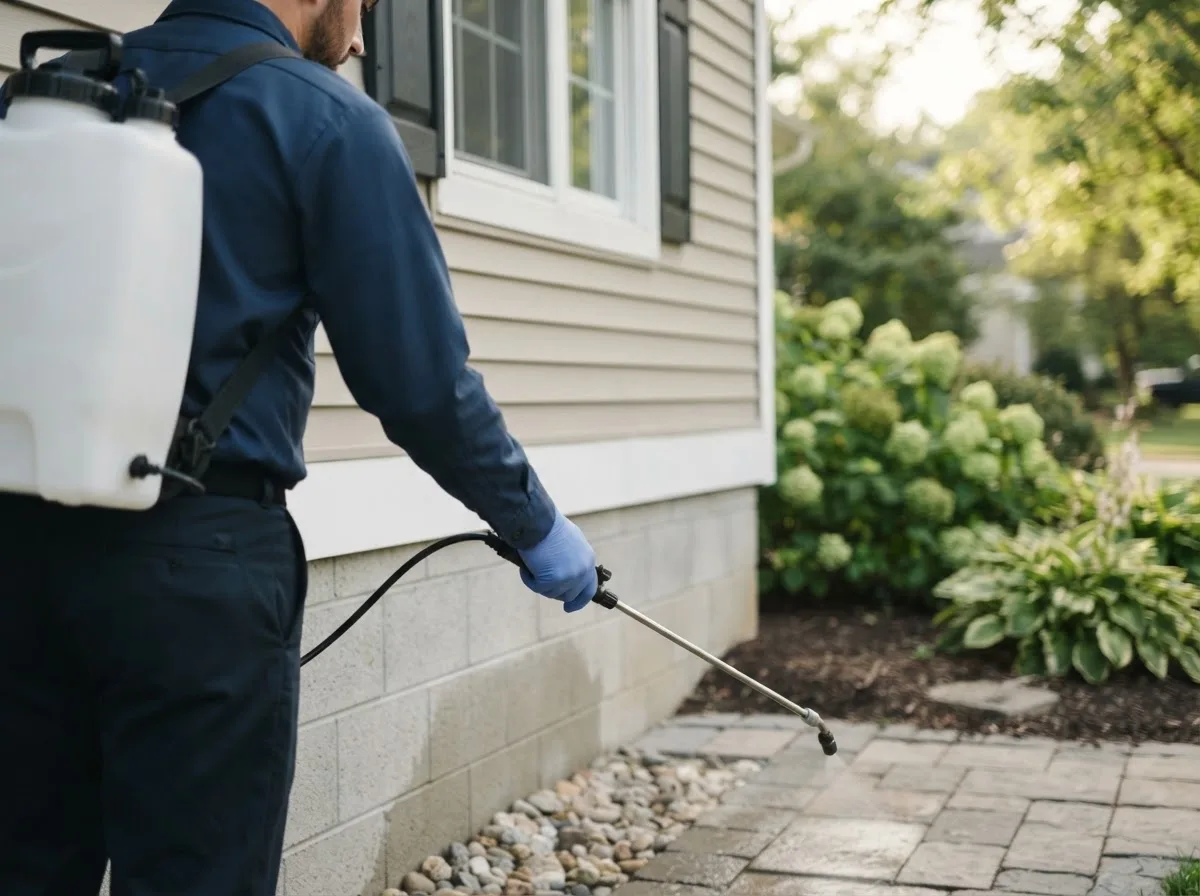 Pest control technician inspecting a home in Fresno, OH